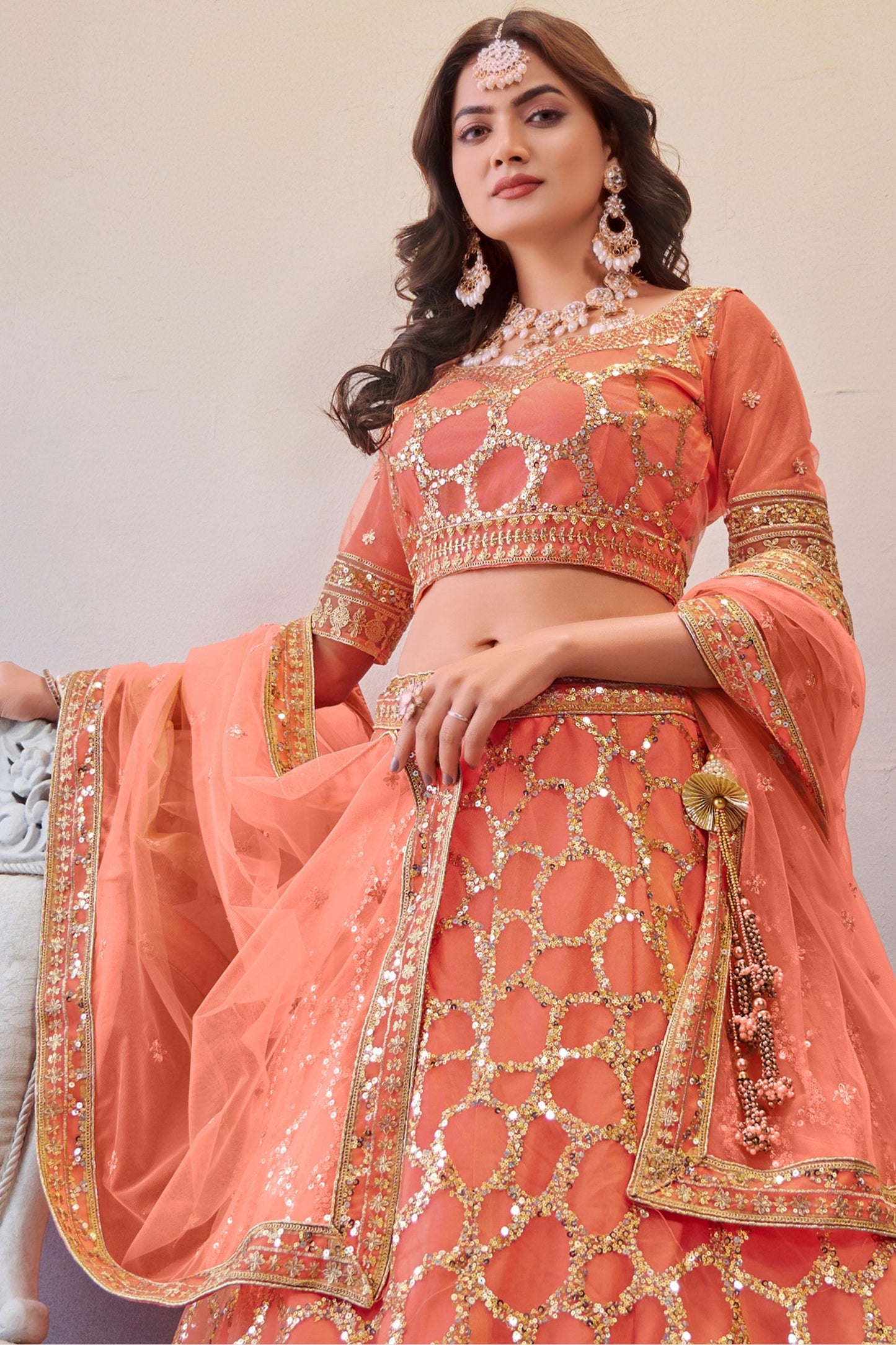 Light Orange Net Lehenga Choli For Indian Festivals & Wedding - Sequence Embroidery Work