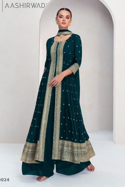 Teal Georgette Full Length Anarkali Gown For Indian Festivals & Weddings - Embroidery Work