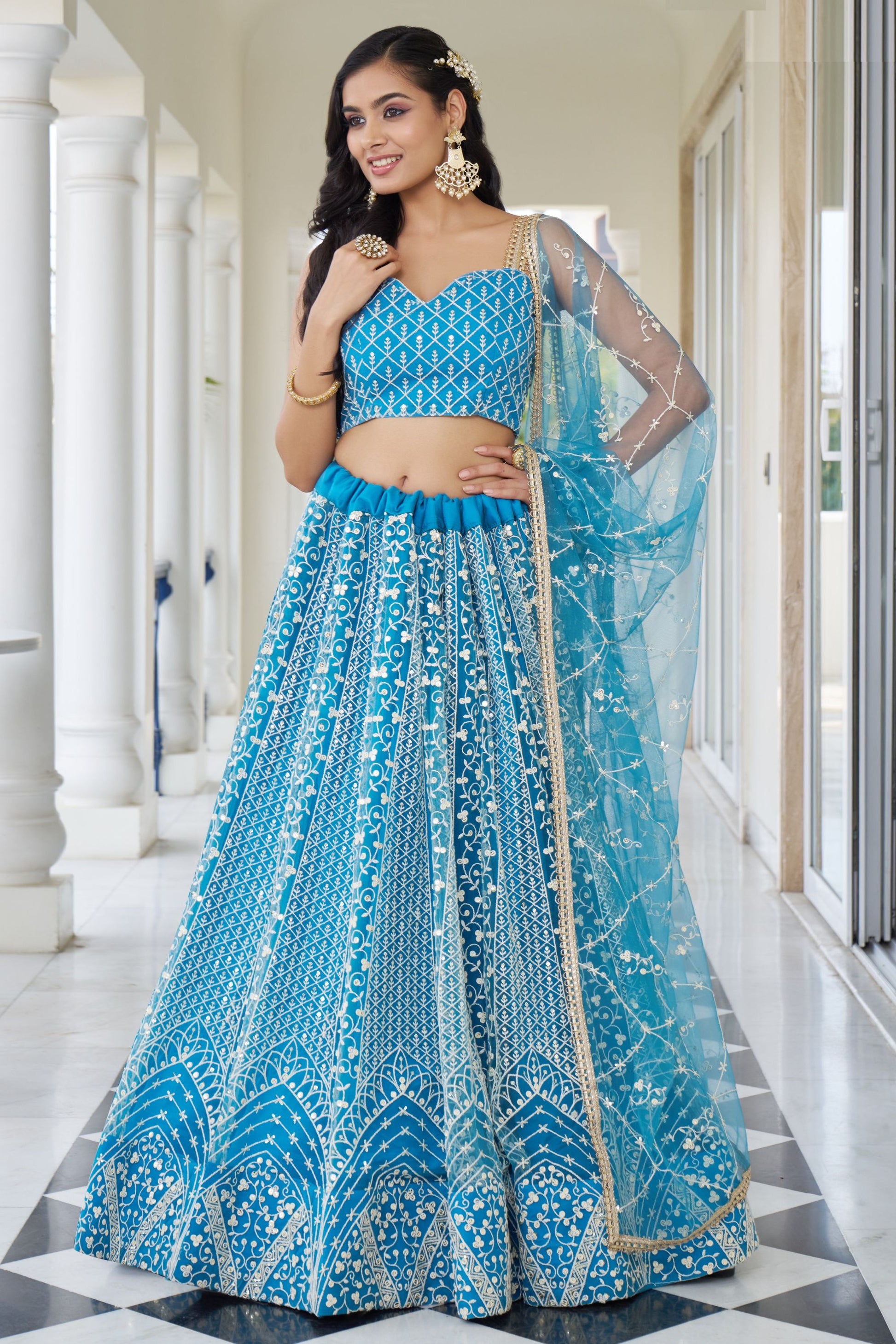 Turquoise Net Embroidered Lehenga Choli For Indian Festival & Weddings - Embroidery Work