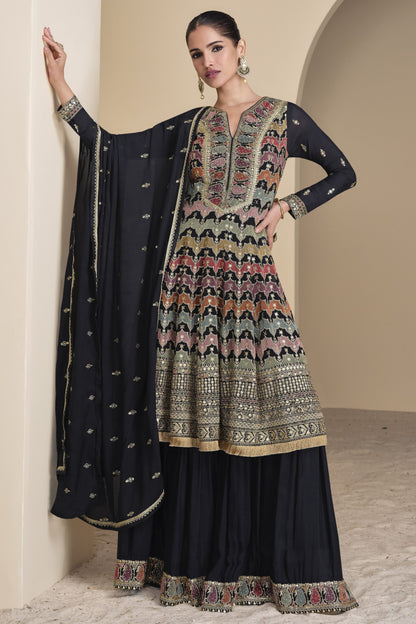 Black Georgette Palazzo Suit Dress For Indian Festivals & Pakistani Weddings - Embroidery Work, Swarovski Work