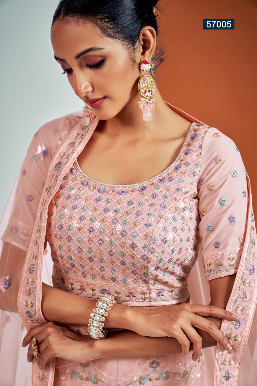 Peach Pakistani Georgette Lehenga Choli For Indian Festivals & Weddings - Sequence Embroidery Work, Thread Embroidery Work, Zari Work