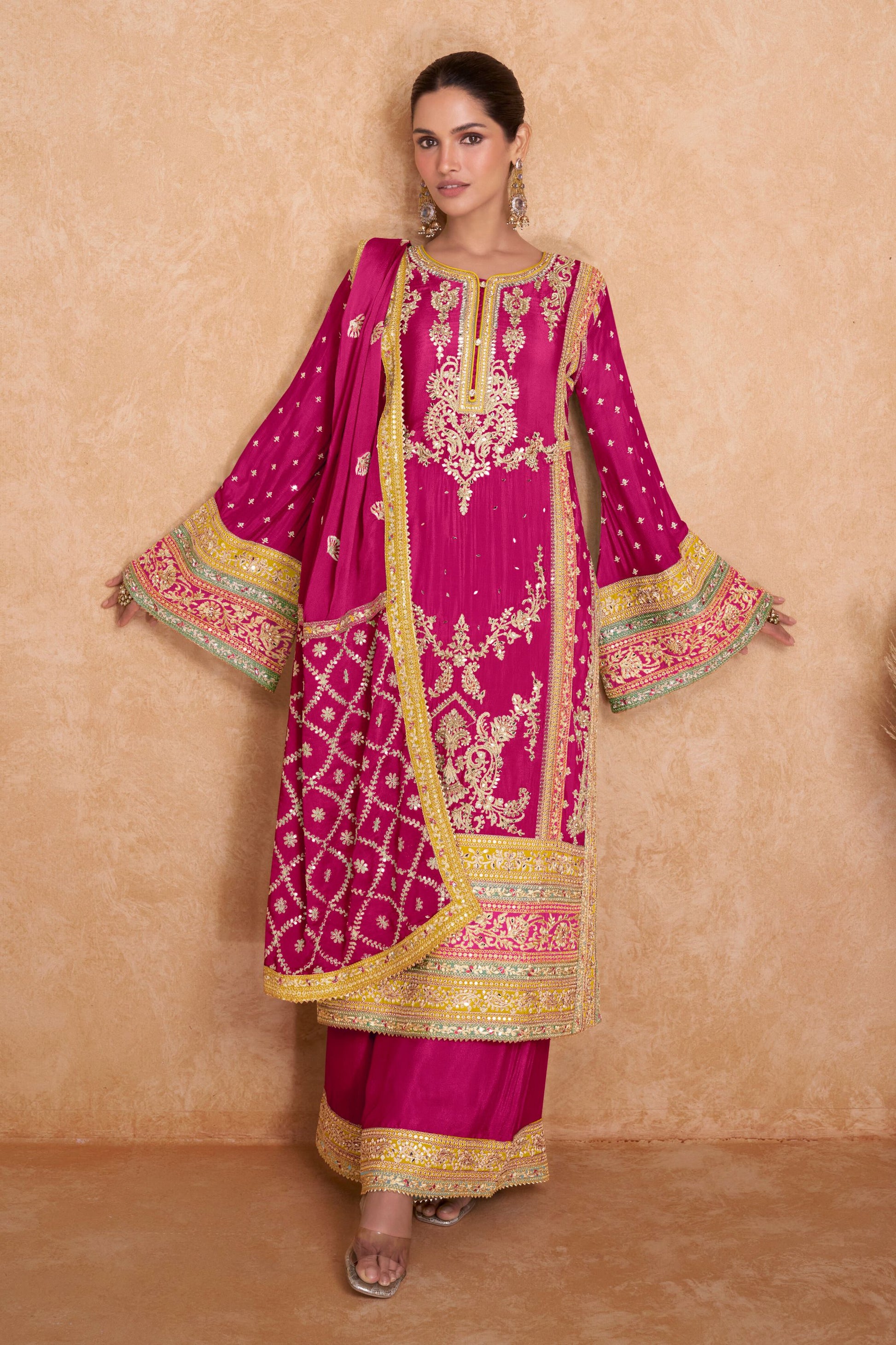 Yellow Pakistani Chinon Plazo Suit For Indian Festivals & Weddings - Embroidery Work