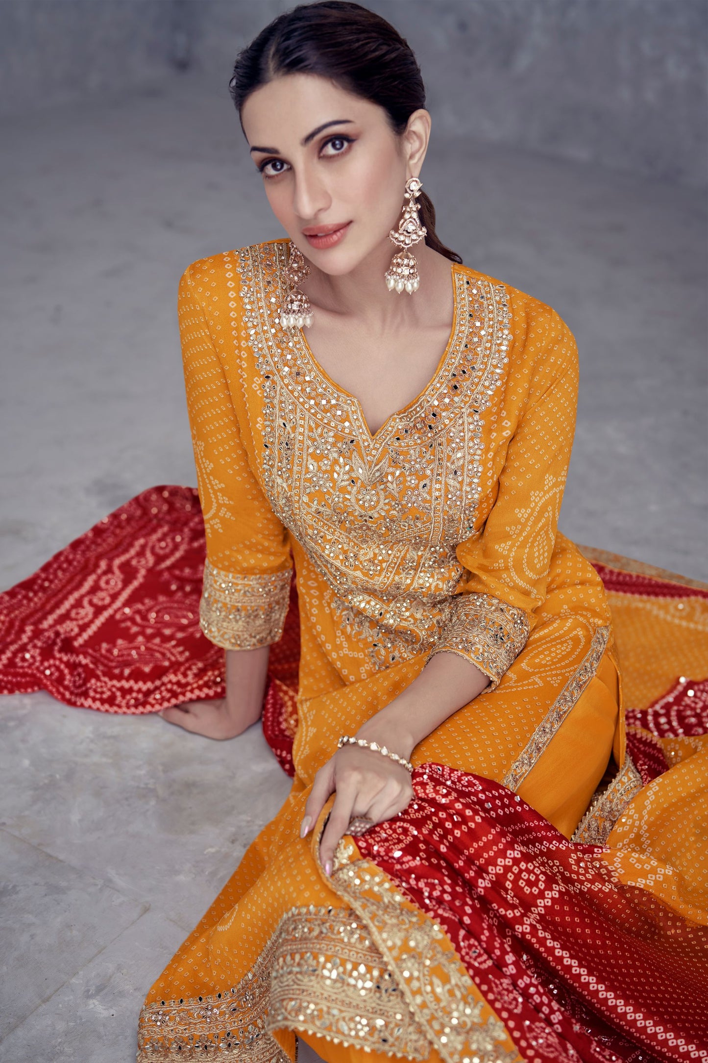 Yellow Chinon Silk Palazzo Suit For Indian Festivals & Weddings - Embroidery Work, Mirror Work, Print Work