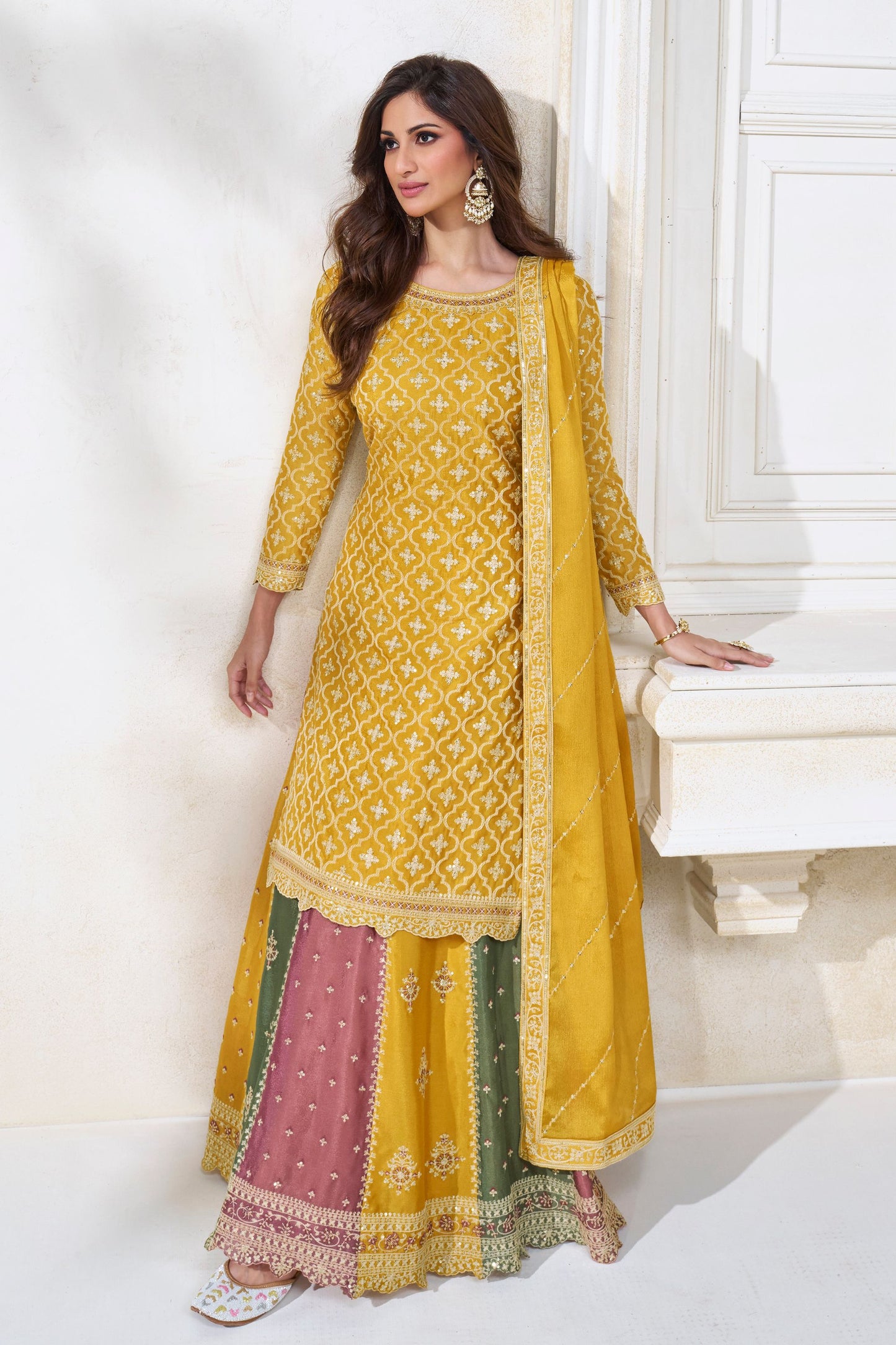 Yellow Pakistani Chinon Silk Salwar Kameez with Skirt For Indian Festivals & Weddings - Embroidery Work