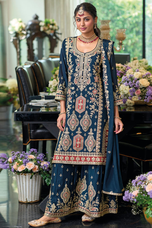 Dark Teal Chinon Silk Kameez with Plazo For Indian Festivals & Weddings - Embroidery Work