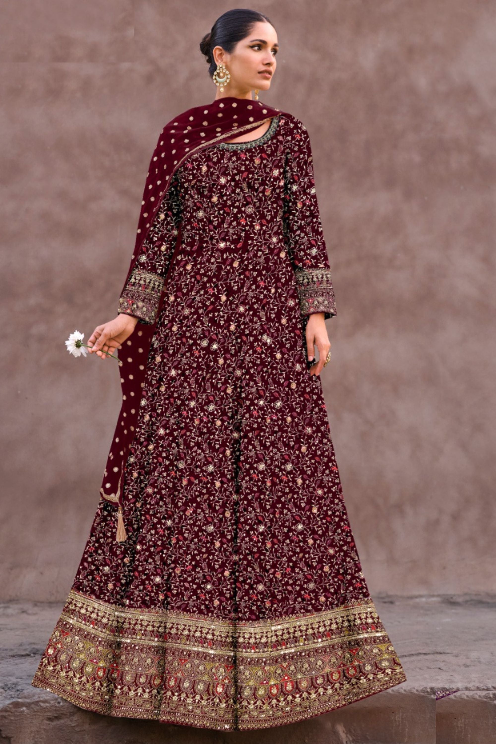 Maroon Georgette Floor Length Long Anarkali Gown For Indian Festivals & Pakistani Weddings Dress - Embroidery Work