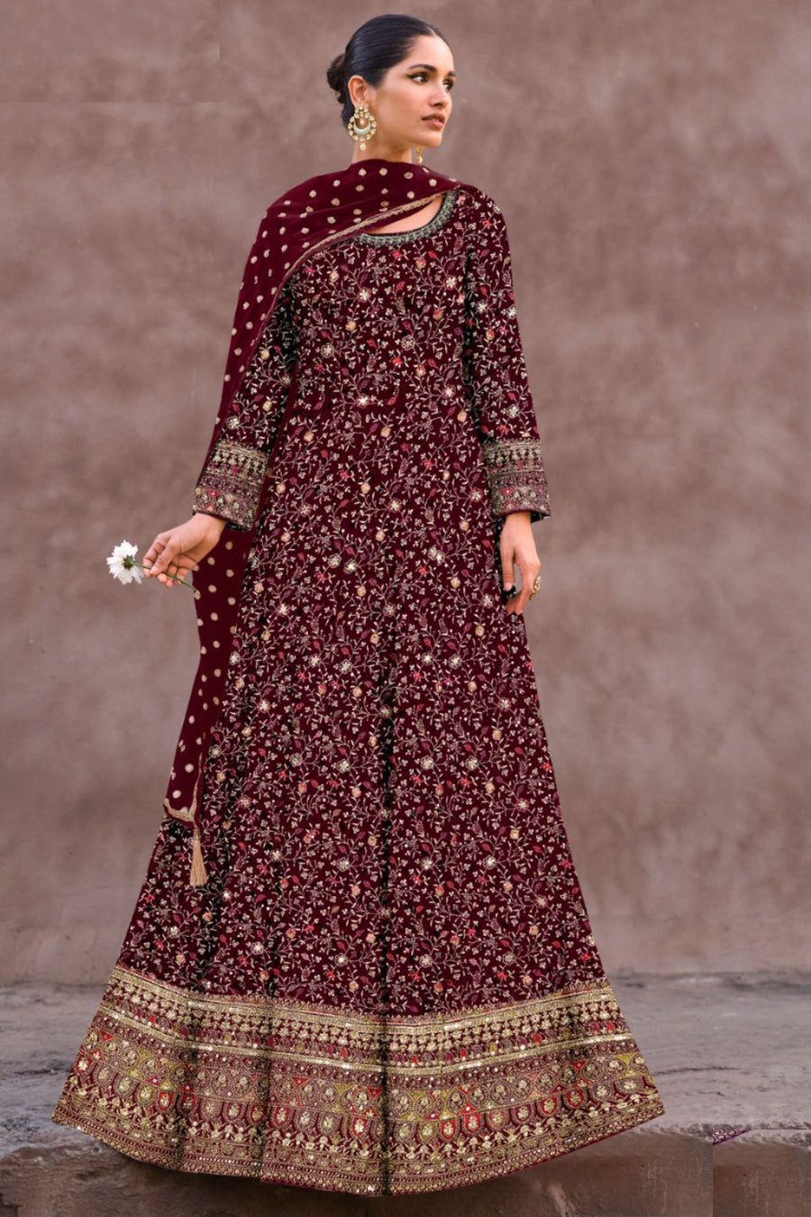 Maroon Georgette Floor Length Long Anarkali Gown For Indian Festivals & Pakistani Weddings Dress - Embroidery Work