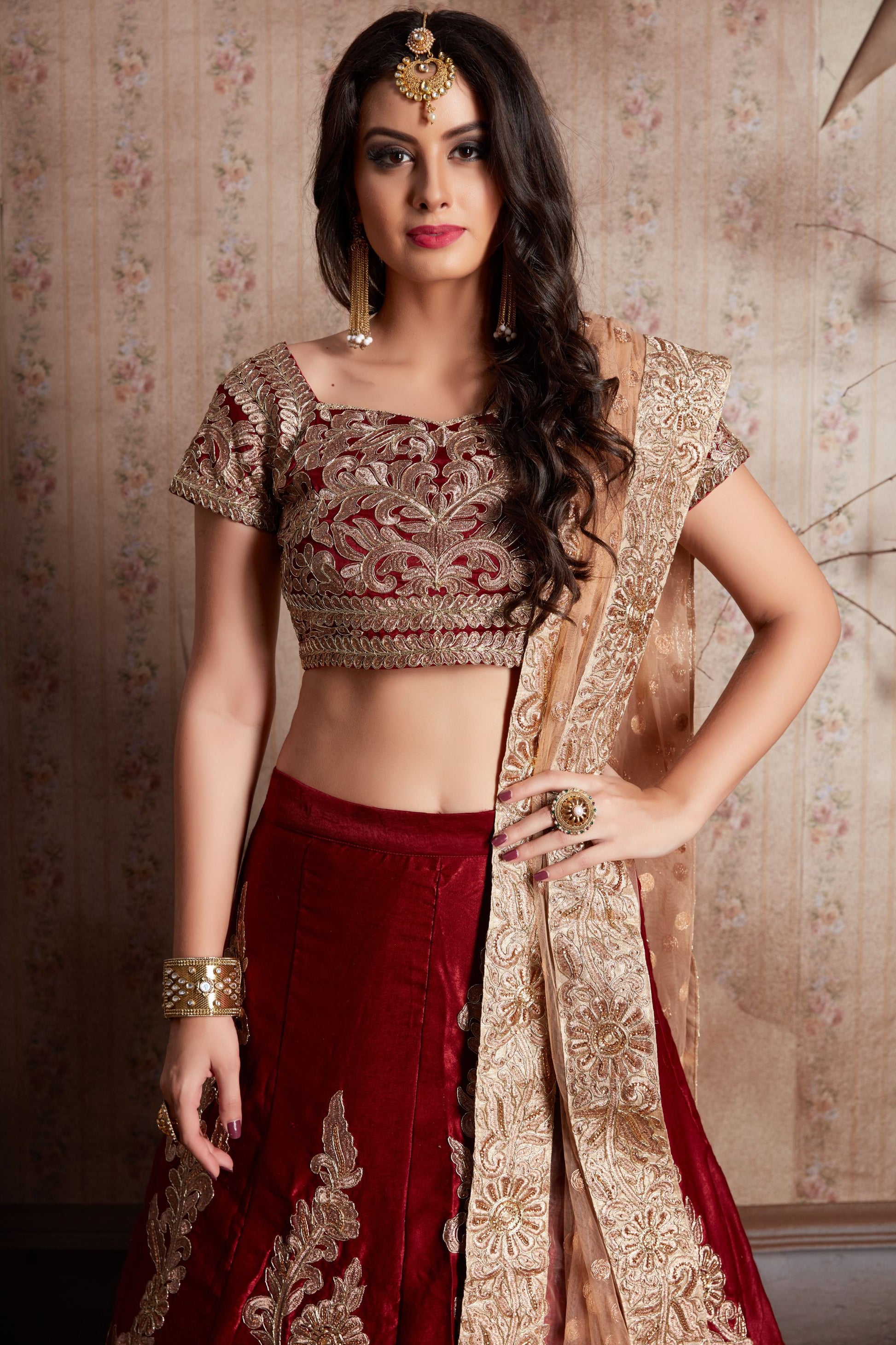 Maroon Velvet Silk Lehenga Choli For Indian Festival & Weddings - Sequence Embroidery Work, Zari Work, Dori Work