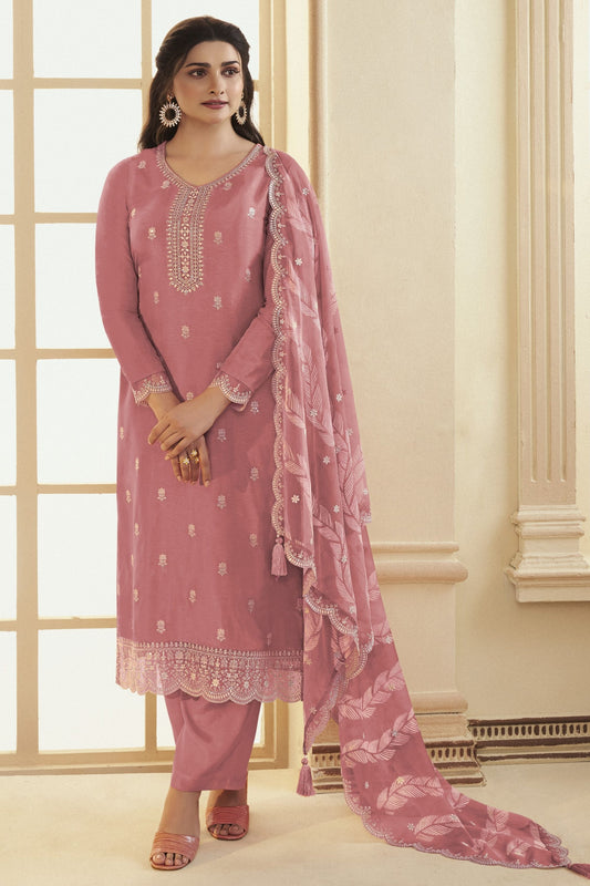 Pink Dola Silk Plus Size Upto 9XL Size Kameez Pant Suit For Indian Festivals & Pakistani Weddings Dress - Embroidery Work, Print Work