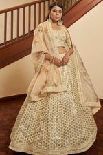 Beige Art Silk Lehenga Choli For Indian Festivals & Weddings - Print Work, Sequence Embroidery Work, Thread Embroidery Work