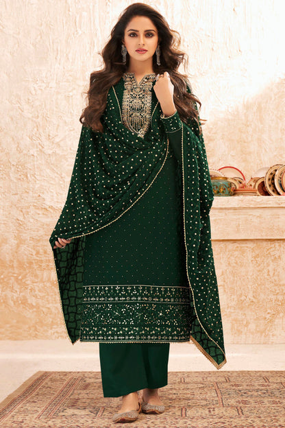 Dark Green Georgette Kameez Suit For Indian Festivals & Pakistani Weddings - Embroidery Work