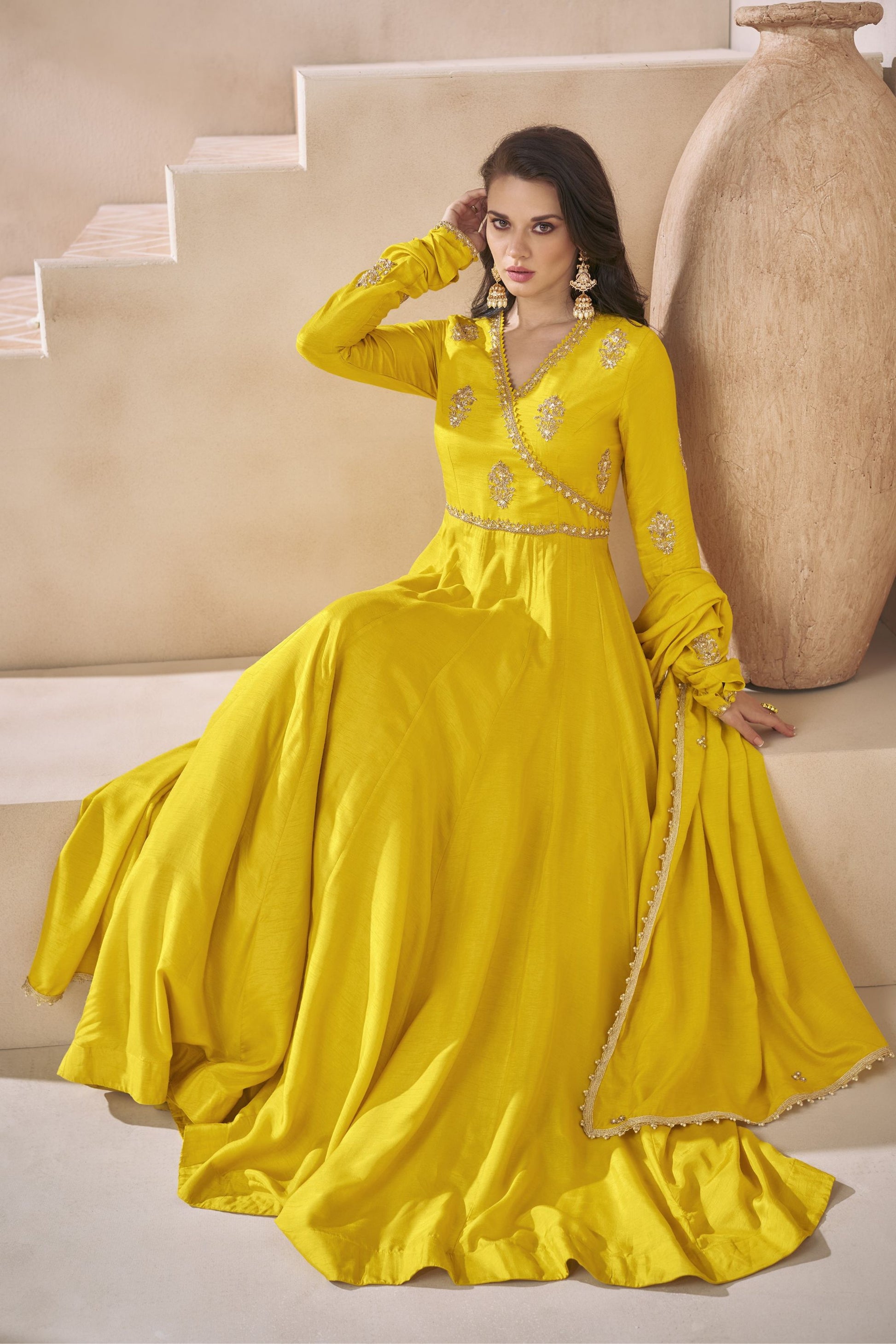 Yellow Silk Floor Full Length Flower Embroidered Anarkali Gown For Indian Festivals & Weddings - Embroidery Work