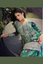 Green Chinon Silk Plazo Suits for Indian Festival & Pakistani Wedding - Embroidery Work