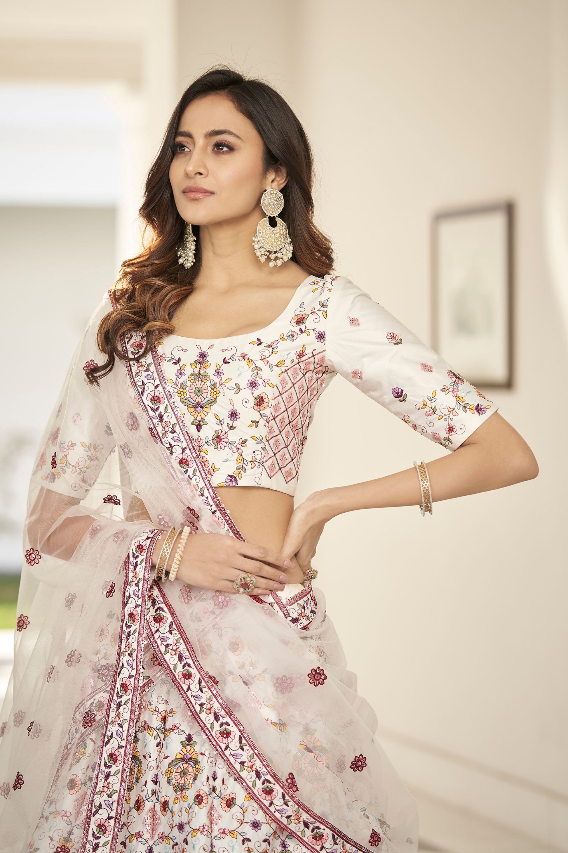 White Silk Lehenga Choli For Indian Weddings & Festivals - Thread Work, Sequence Embroidery Work, Stone Work