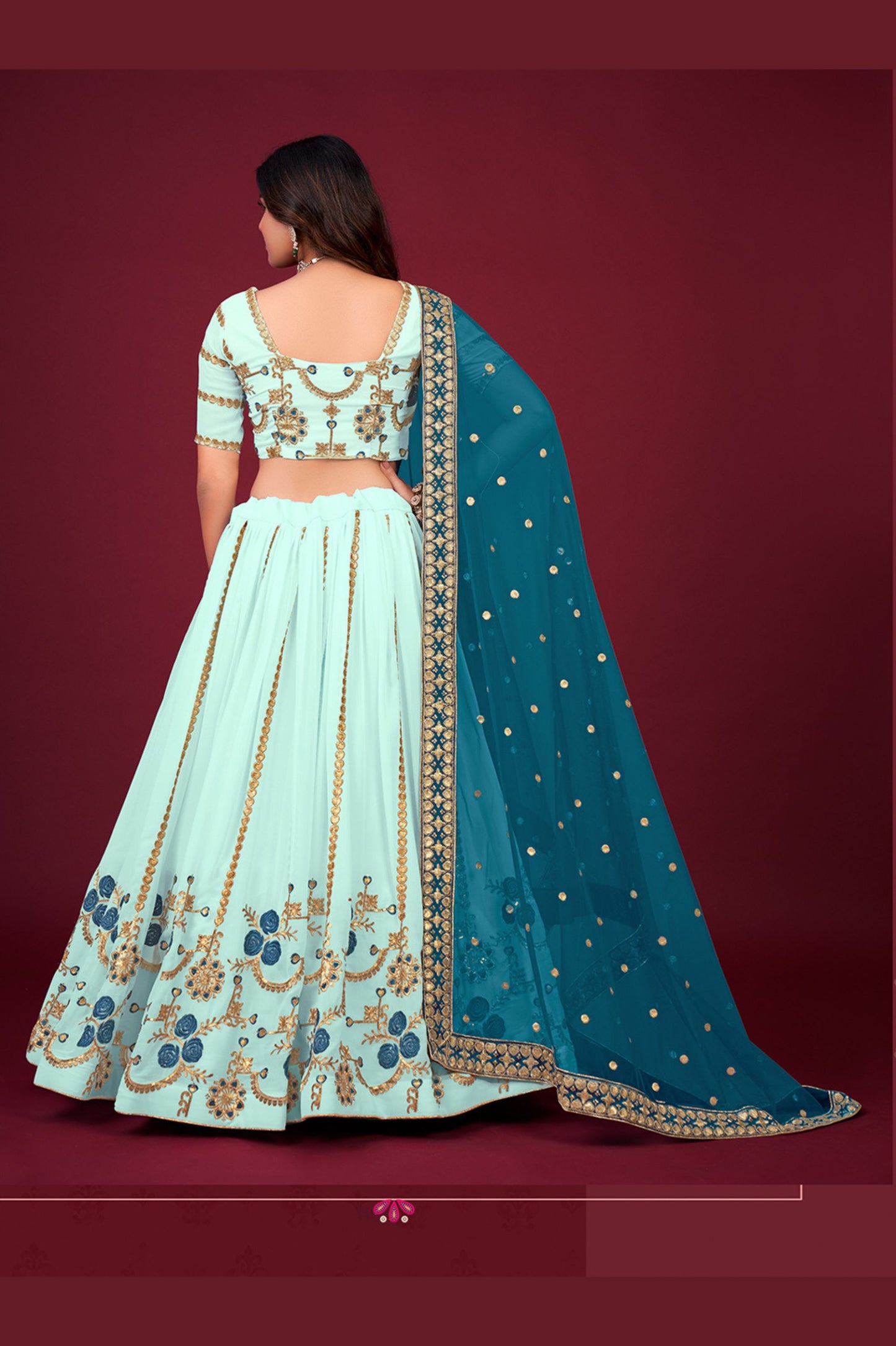 Sky Blue Pakistani Georgette Lehenga Choli For Indian Festivals & Weddings - Sequence Embroidery Work, Thread Embroidery Work, Zari Work