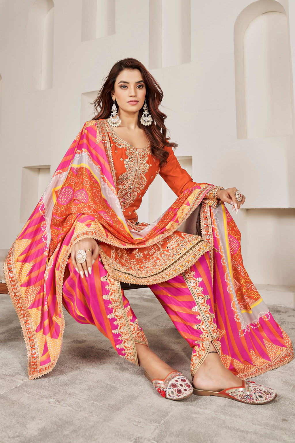 Orange Chinon Silk Salwar Kameez with Dhoti Tulip for Indian Festival & Pakistani Wedding - Sequence Embroidery Work, Dori Work, Print Work, Mirror Work