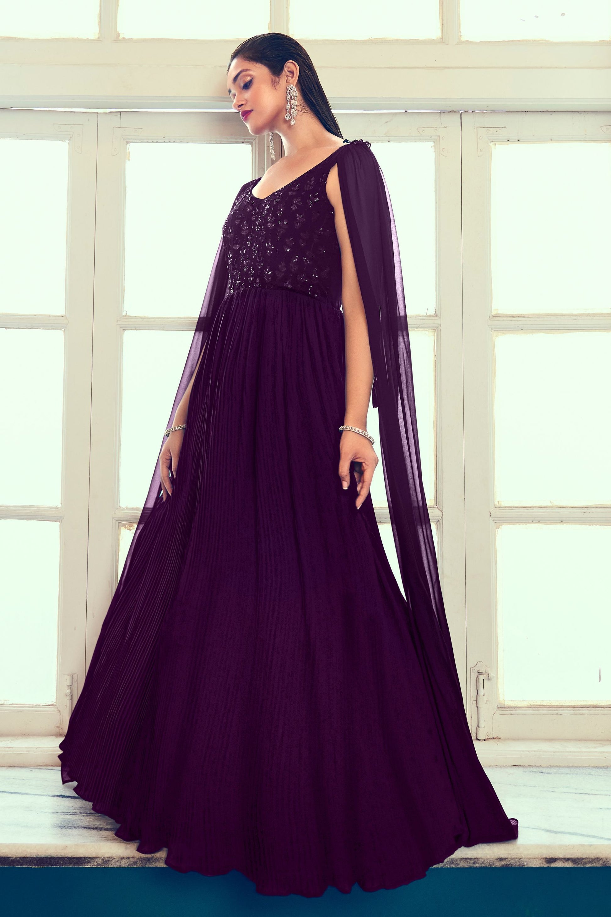 Purple Pakistani Georgette Anarkali Gown For Indian Festivals & Weddings - Sequence Embroidery Work, Thread Embroidery Work,