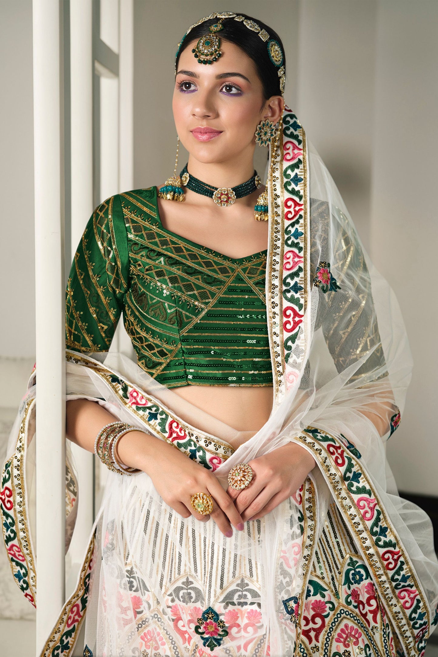 White Silk Lehenga Choli For Indian Weddings & Festivals - Thread Work, Sequence Embroidery Work