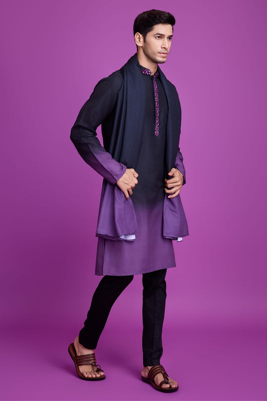 Black Rayon Dual Color Kurta Pyjama for Men For Navratri Garba Festivals - Mirror Work