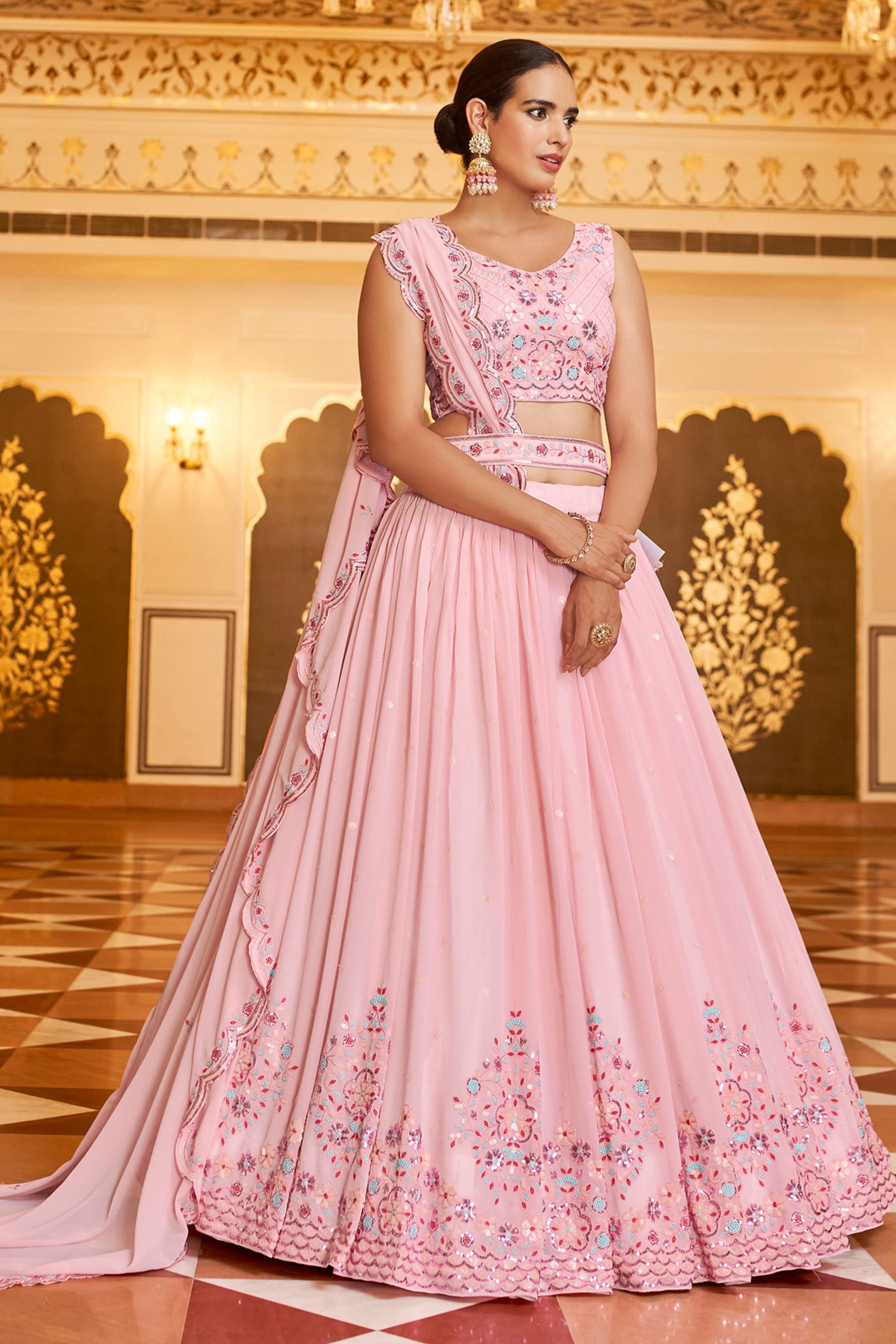 Pink Georgette Lehengas Choli For Indian Festivals & Weddings - Thread Work, Sequence Embroidery Work