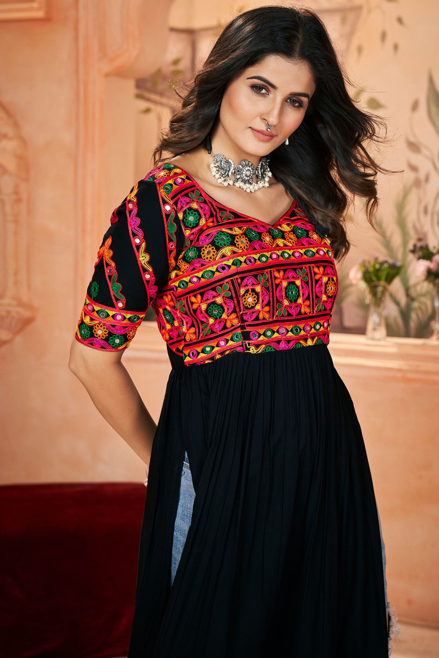 Black Rayon Kurti For Navratri Garba Festivals JEANS NOT INCLUDED - Embroidery Work, Print Work