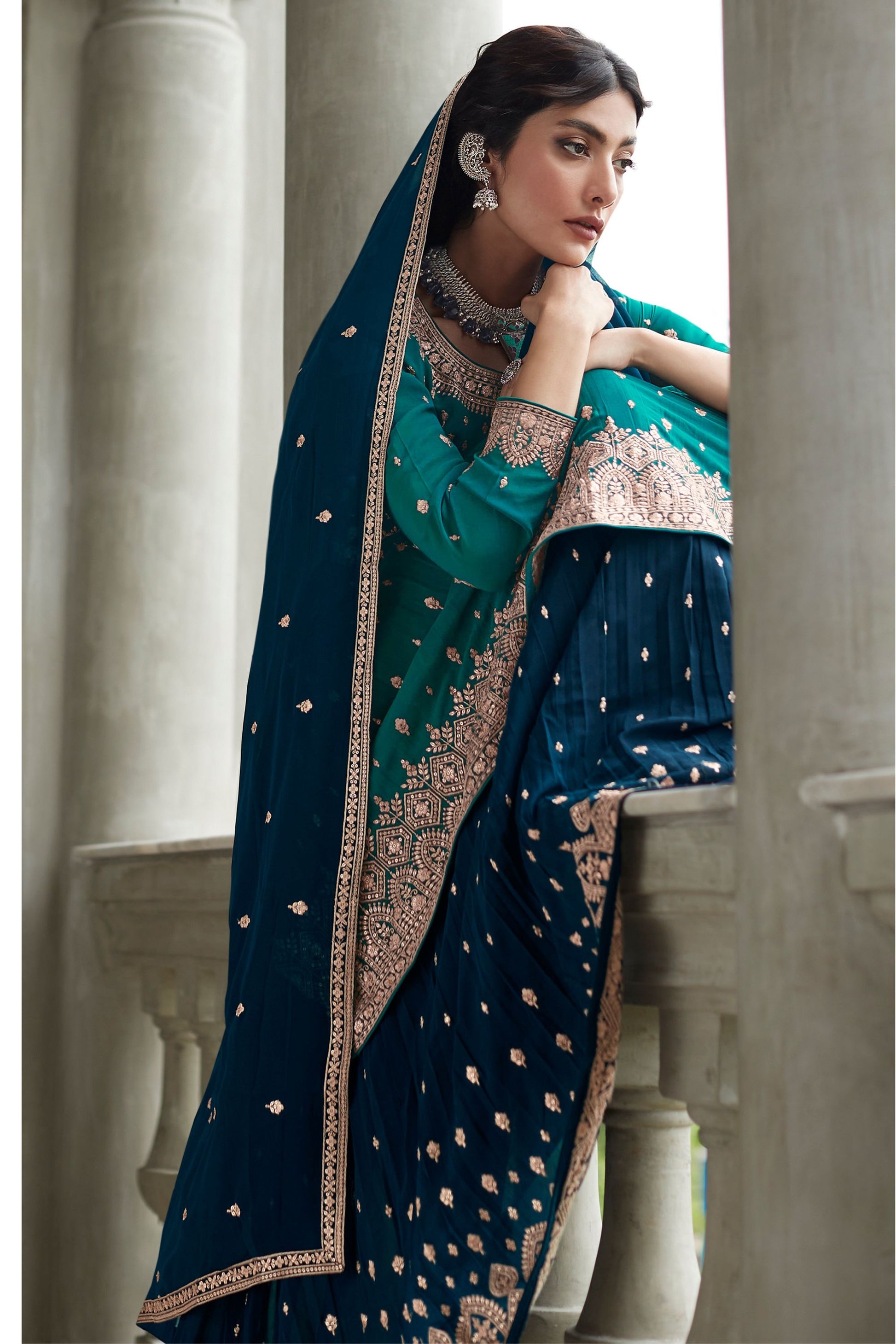 Teal Georgette Kameez with Skirt For Indian Festivals & Weddings - Thread Embroidery Work,