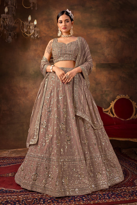 Brown Georgette Lehenga Choli For Indian Festivals & Weddings - Thread Embroidery Work, Sequence Embroidery Work