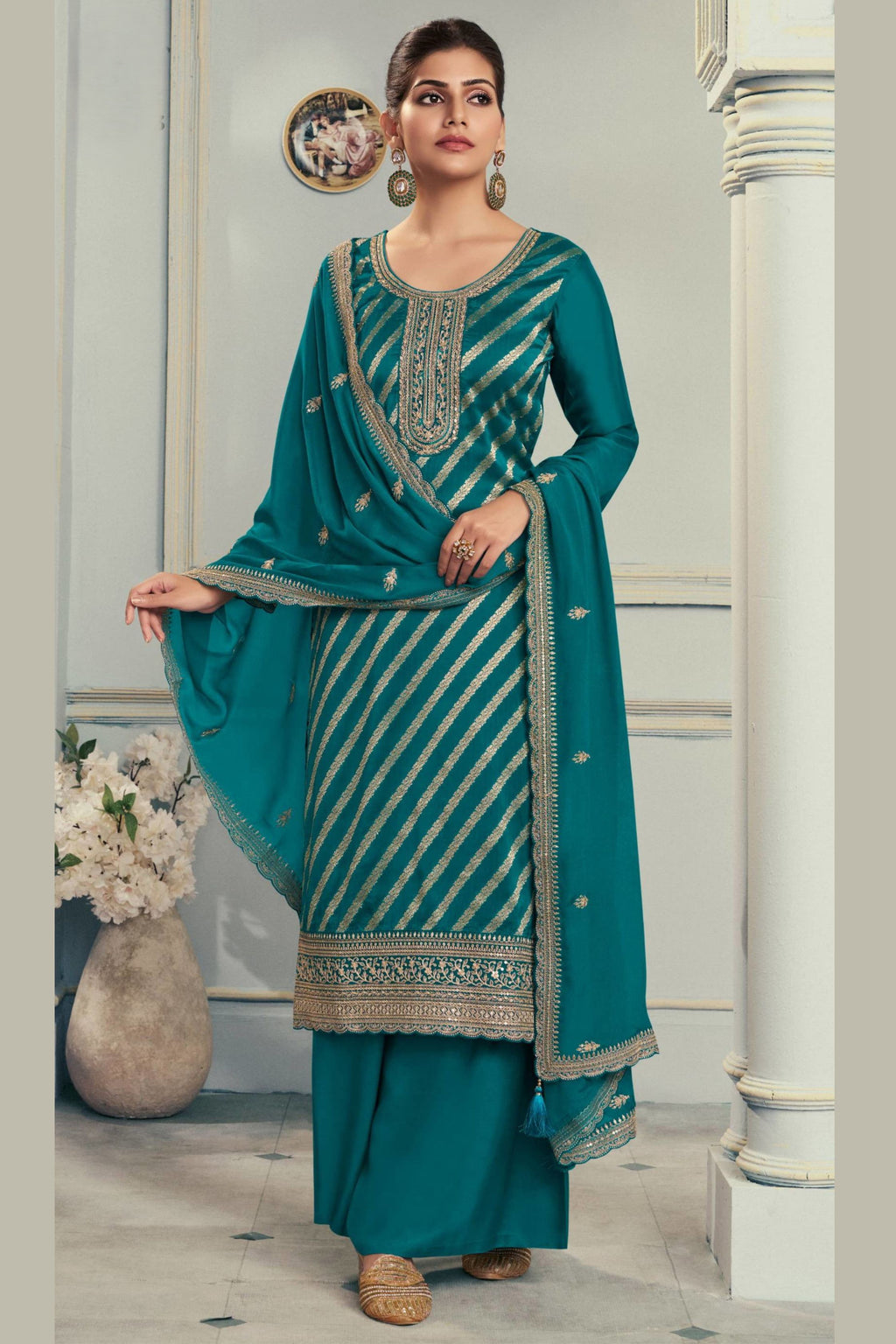 Green Jacquard Silk Plazo Suit For Indian & Pakistani Wedding Festival - Embroidery Work