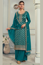 Green Jacquard Silk Plazo Suit For Indian & Pakistani Wedding Festival - Embroidery Work