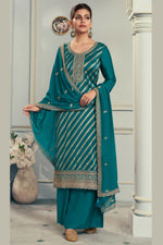 Green Jacquard Silk Plazo Suit For Indian & Pakistani Wedding Festival - Embroidery Work