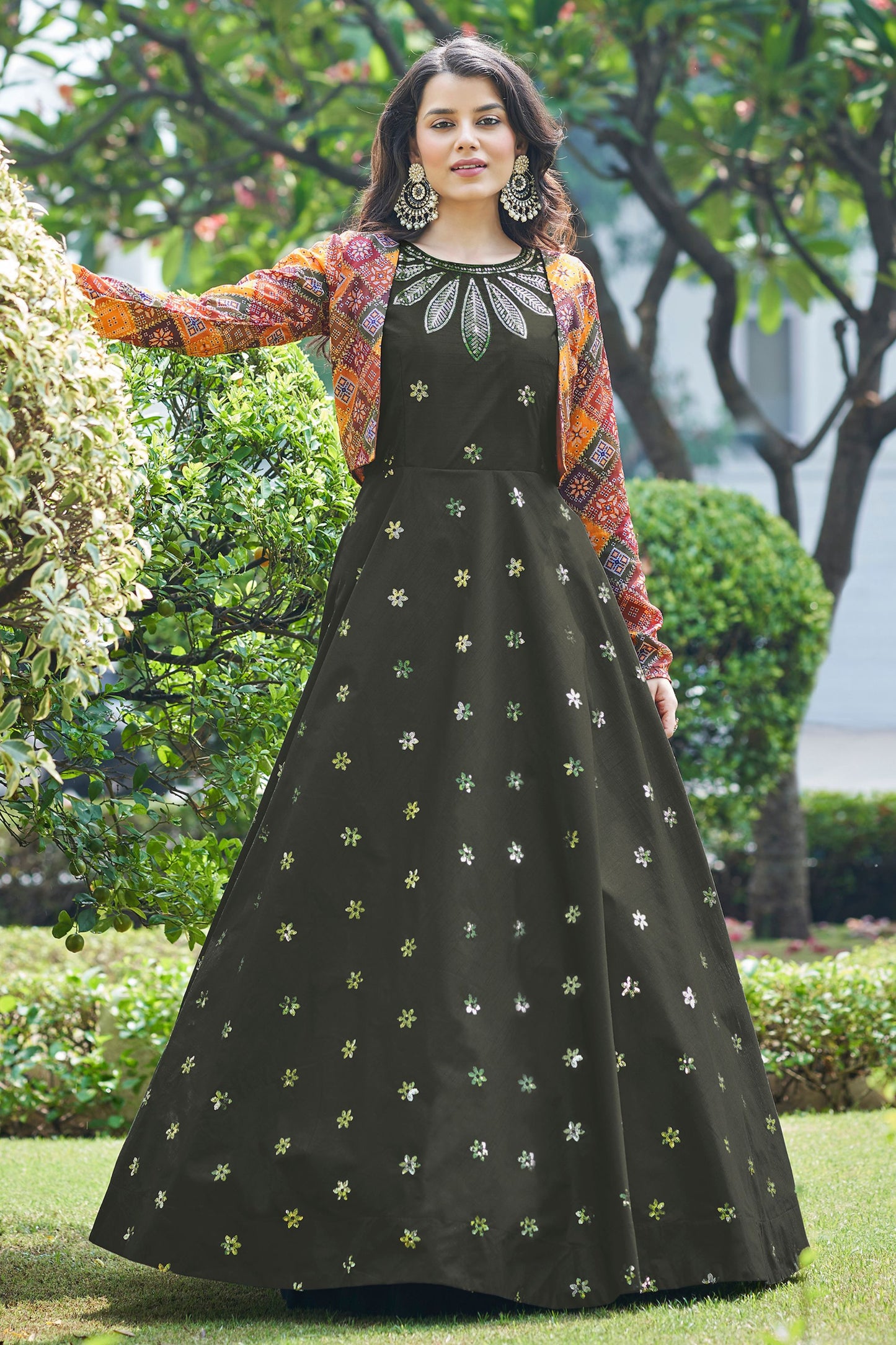 Olive Cotton Pakistani Anarkali Suit For Indian Festivals & Weddings - Thread Work, Sequence Embroidery Work,