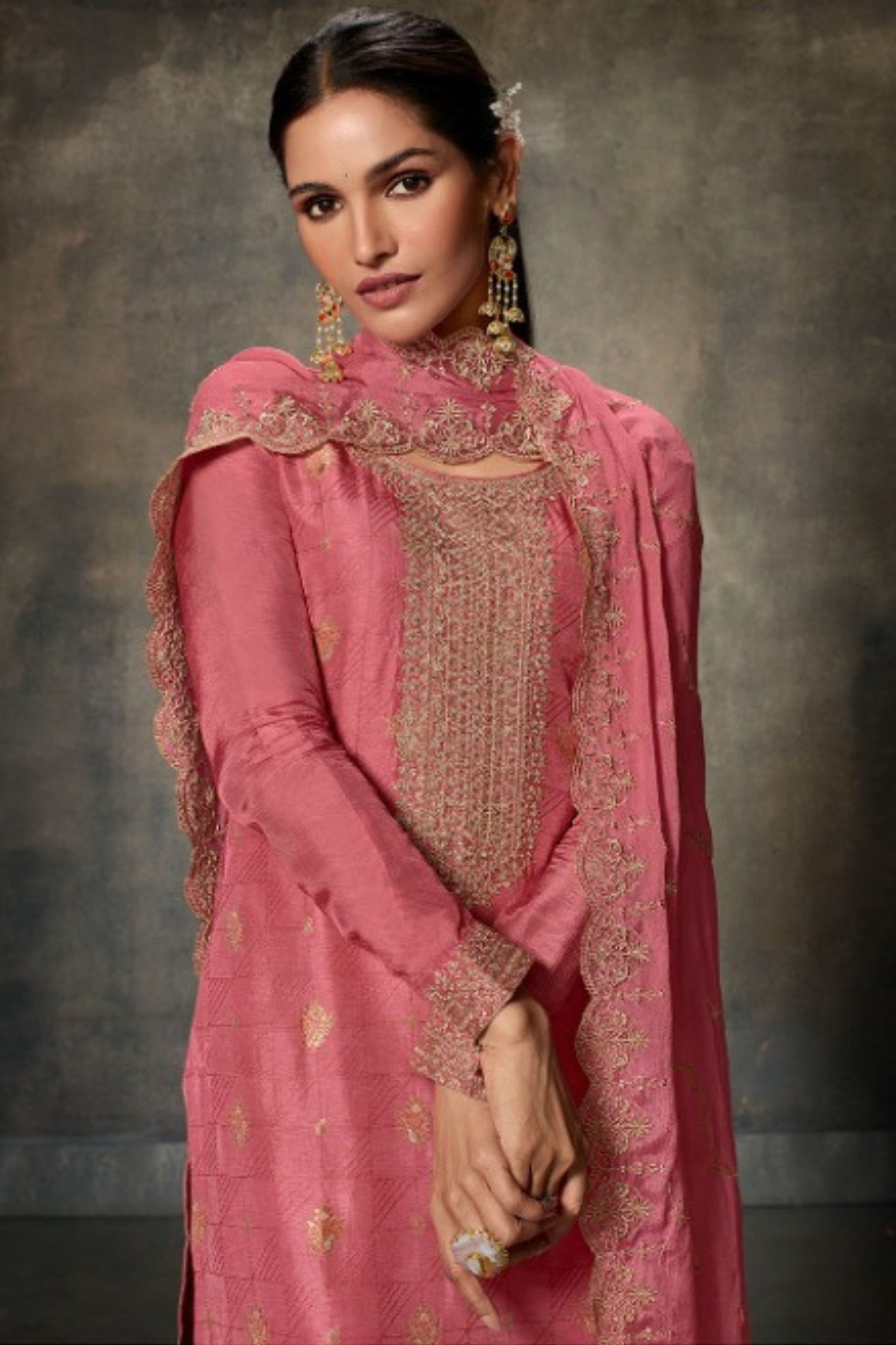 Pink Viscose Kameez with Pant For Indian Suit Festivals & Pakistani Weddings - Embroidery Work