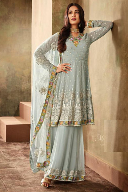 Light Grey Georgette Kameez With Plazzo For Indian Suit Festivals & Weddings - Embroidery Work, Stone Work