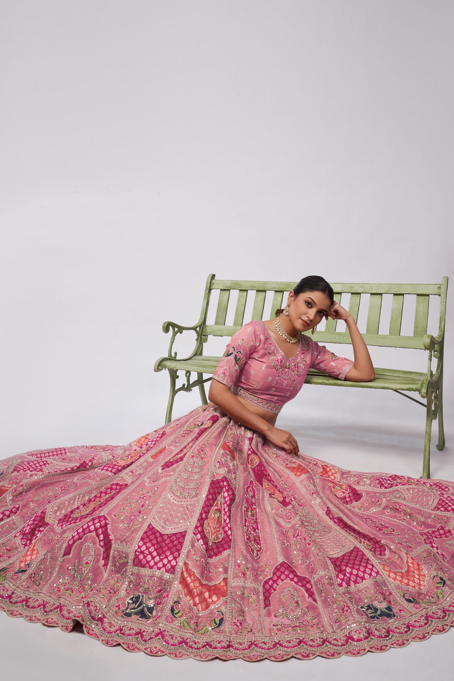 Pink Zari Silk Lehenga Choli For Indian Festivals & Weddings - Sequins Work, Patch Work, Zarkan Work, Thread Work