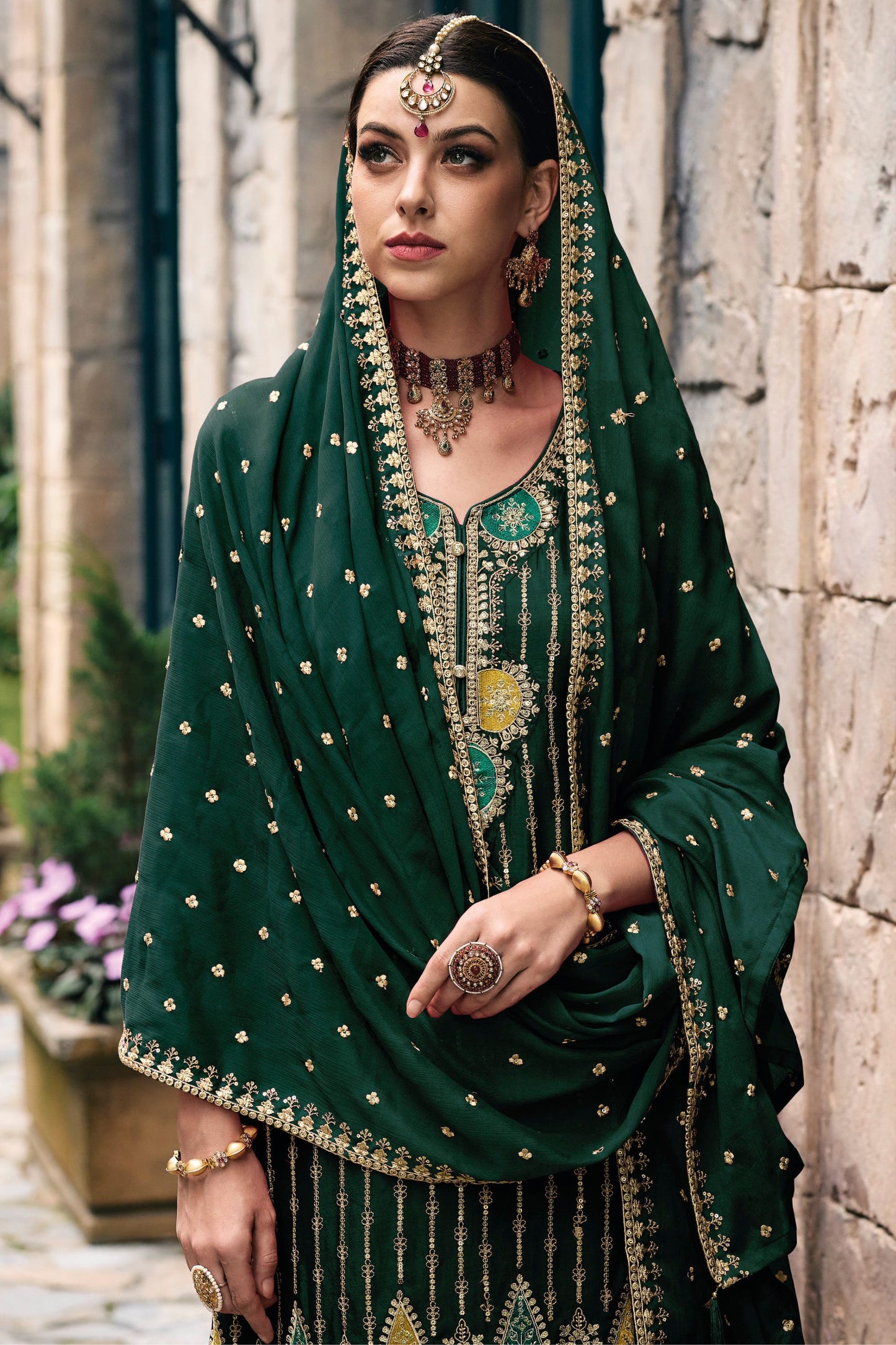 Dark Green Chinon Silk Kameez with Plazzo And Dupatta For Indian Suit Festivals & Pakistani Weddings - Embroidery Work