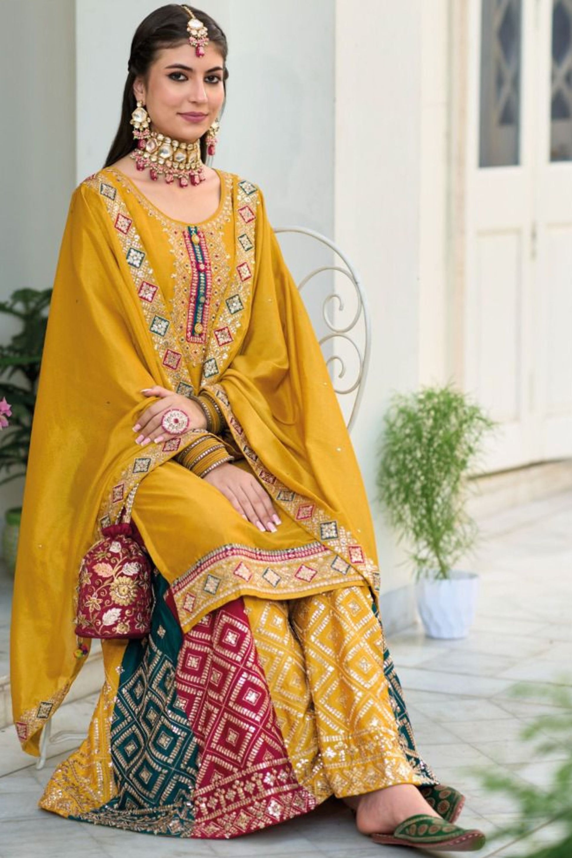 Yellow Chinon Silk Kameez with Plazzo For Indian Suit Festivals & Pakistani Weddings - Embroidery Work