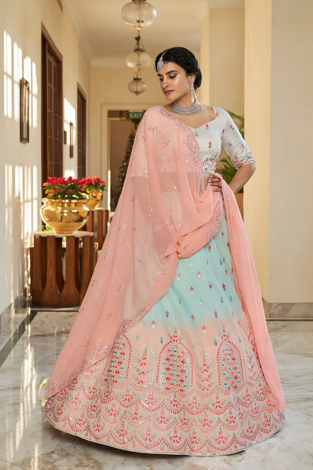 Sky Blue Art Silk Lehenga Choli For Indian Festivals & Weddings - Sequence Embroidery Work, Thread Work