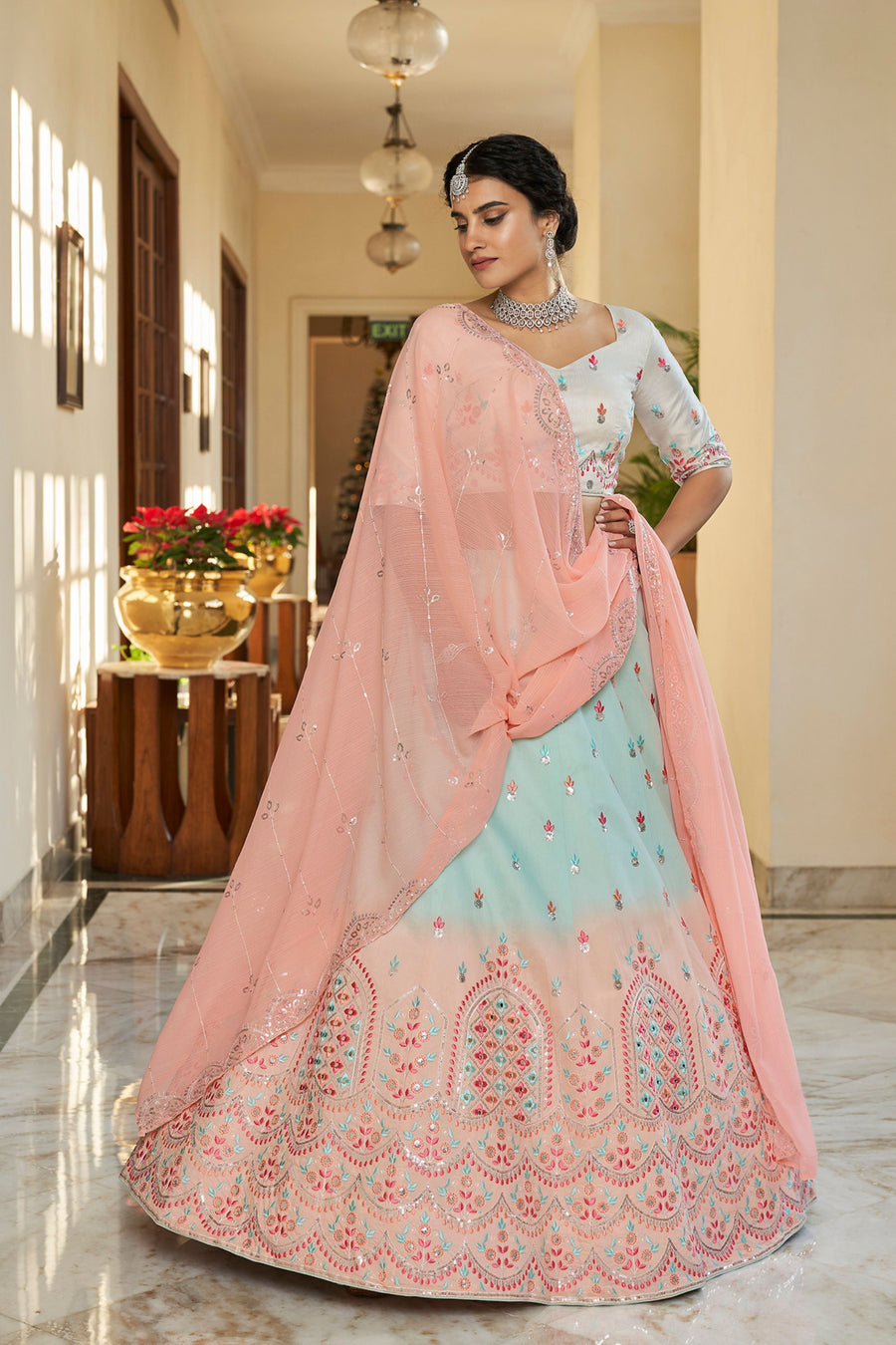 Sky Blue Art Silk Lehenga Choli For Indian Festivals & Weddings - Sequence Embroidery Work, Thread Work