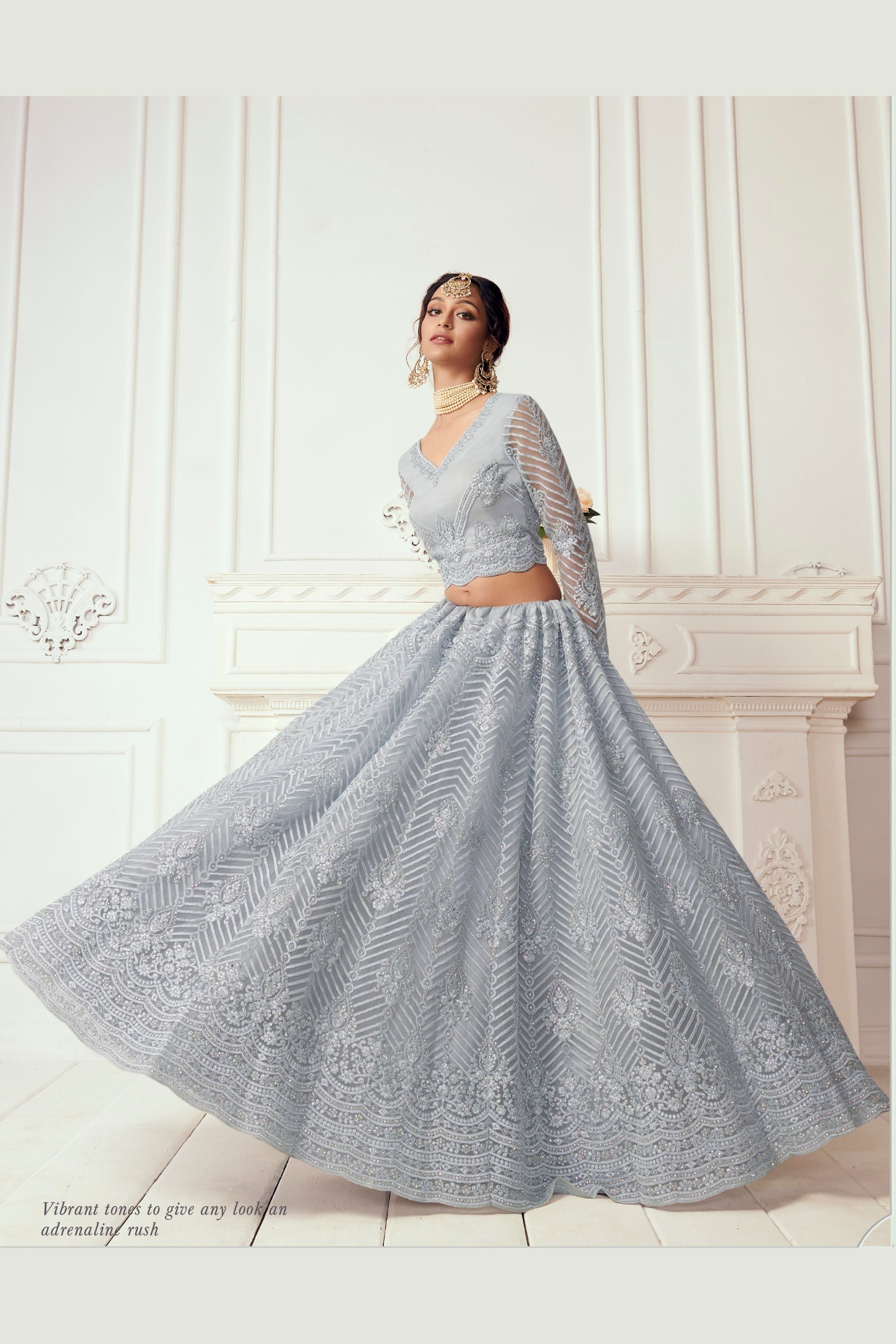 Gray Net Lehenga Choli For Indian Festivals & Weddings - Thread Embroidery Work, Codding Embroidery Work, Stone Work