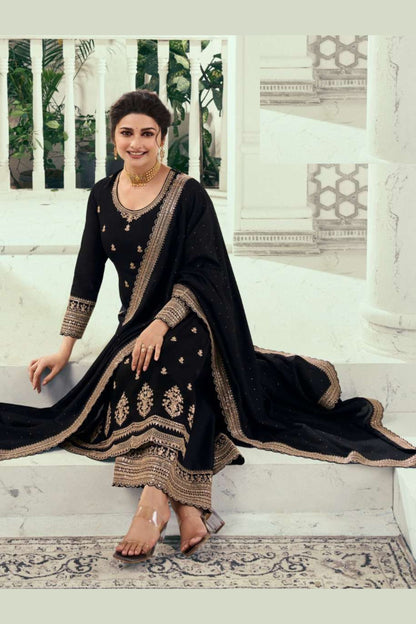 Black Georgette Silk Salwar Kameez Suit For Indian Festivals & Pakistani Weddings Dress - Thread Embroidery Work