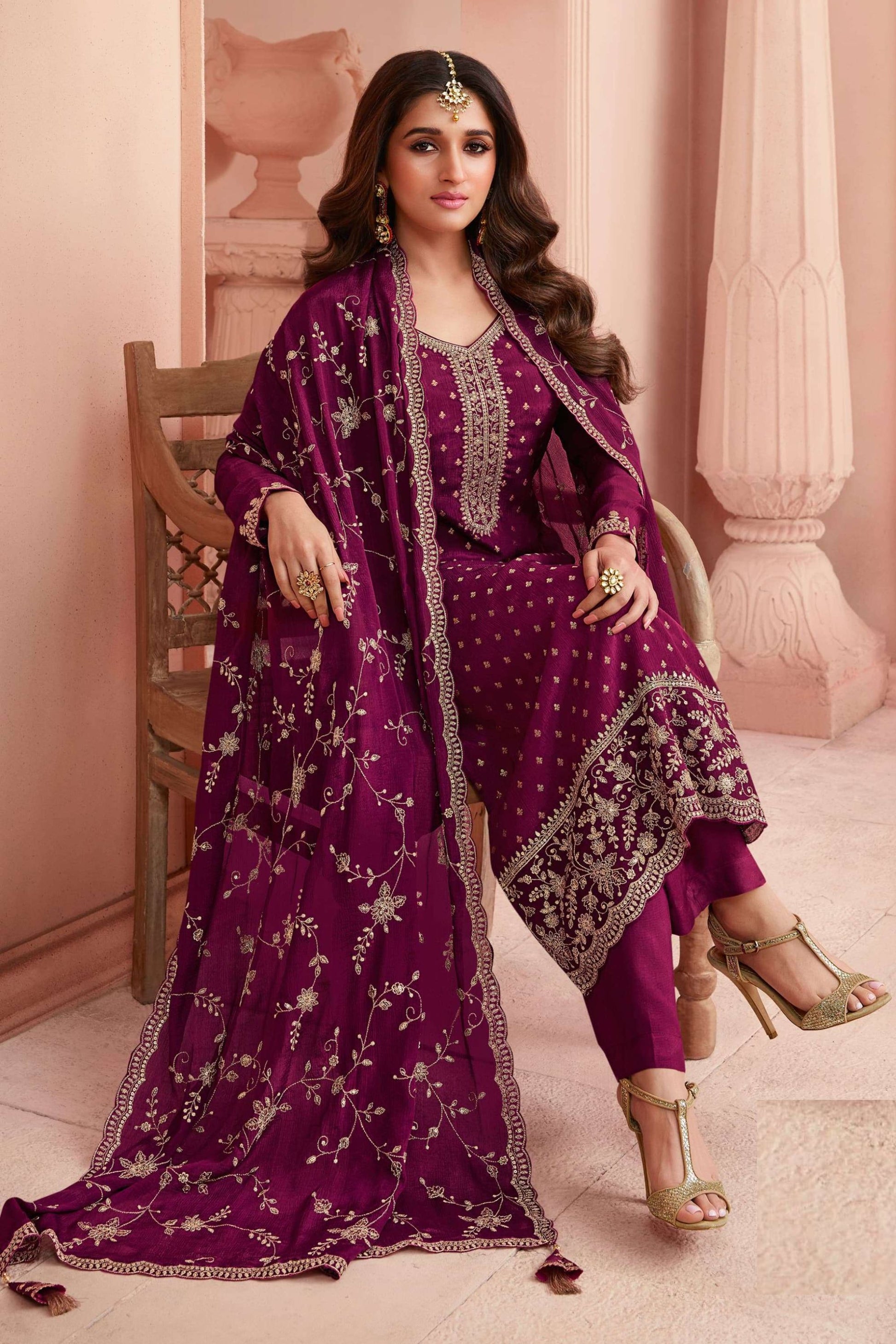 Maroon Silk Salwar Kameez Suit For Indian Festivals & Pakistani Weddings Dress - Thread Embroidery Work