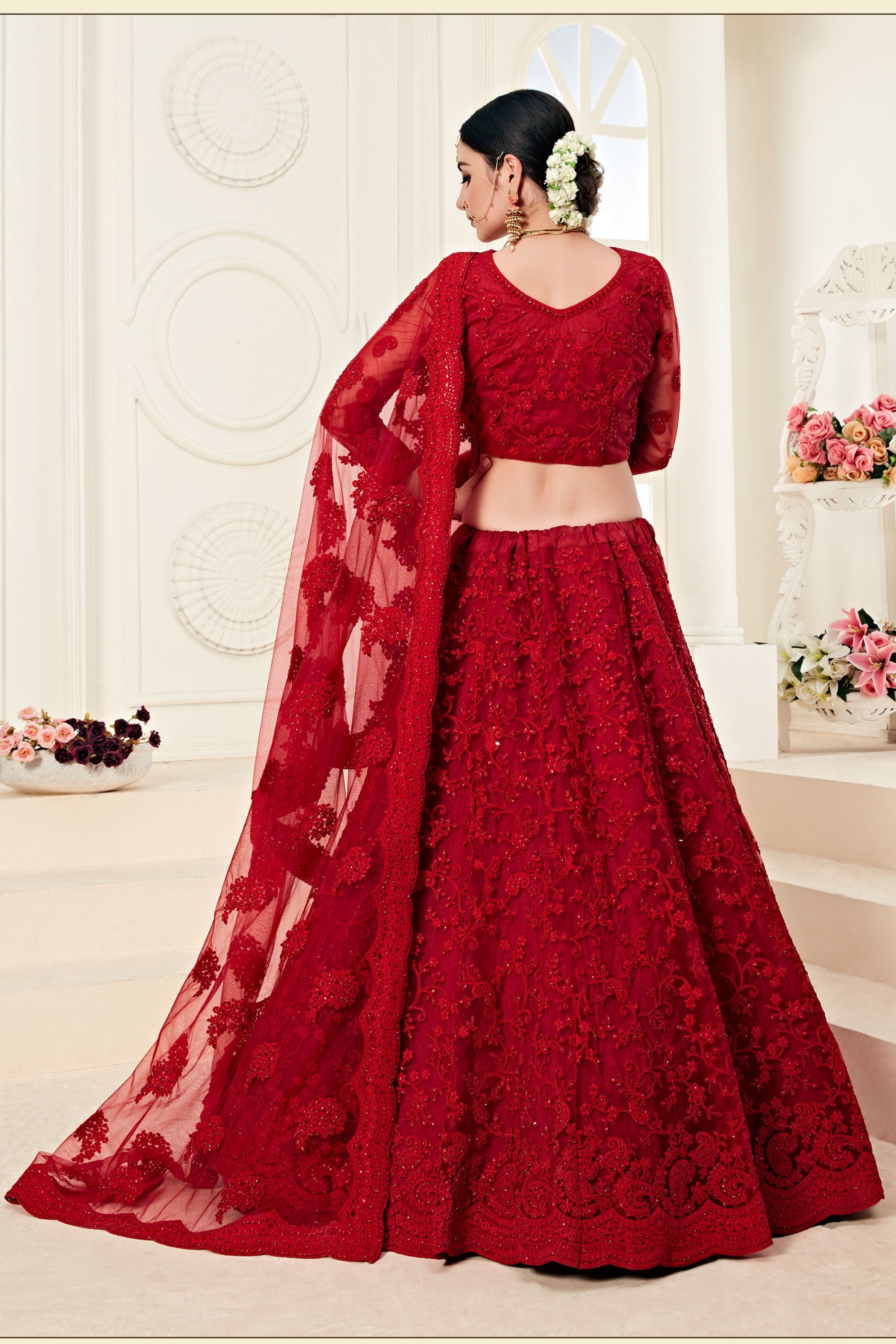 Red Net Lehenga Choli For Indian Festivals & Weddings - Thread Embroidery Work, Codding Embroidery Work, Butta Work, Stone Work