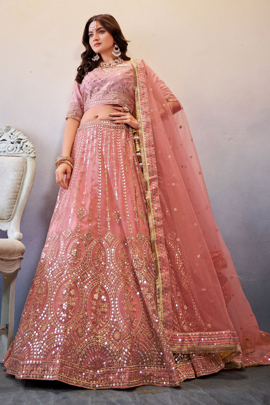 Peach Georgette Lehenga Choli For Indian Festivals & Weddings - Sequence Embroidery Work