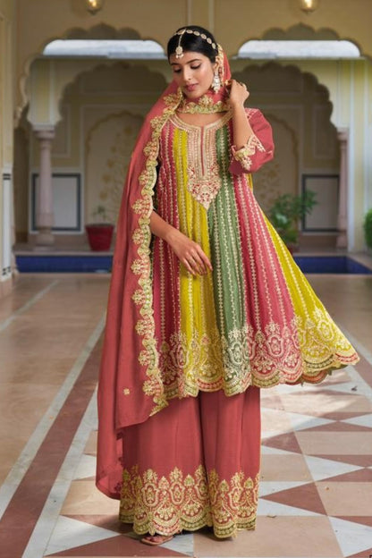 Multicolor Chinon Silk Salwar Suit Kameez For Indian Festivals & Weddings - Embroidery Work