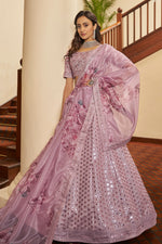 Peach Art Silk Lehenga Choli For Indian Festivals & Weddings - Print Work, Sequence Embroidery Work, Thread Embroidery Work,