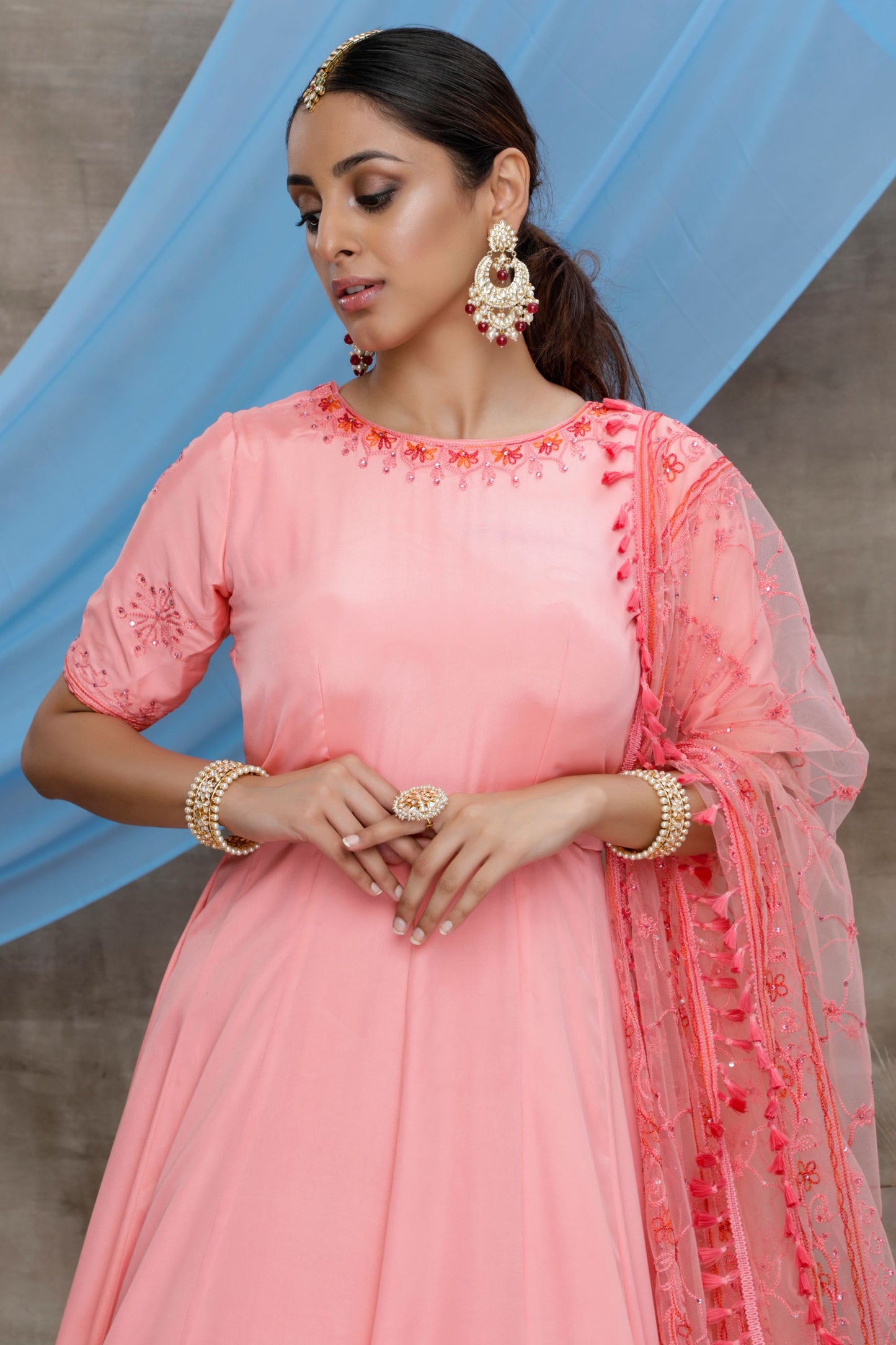 Pink Pakistani Silk Anarkali Gown For Indian Festivals & Weddings - Thread Embroidery Work,