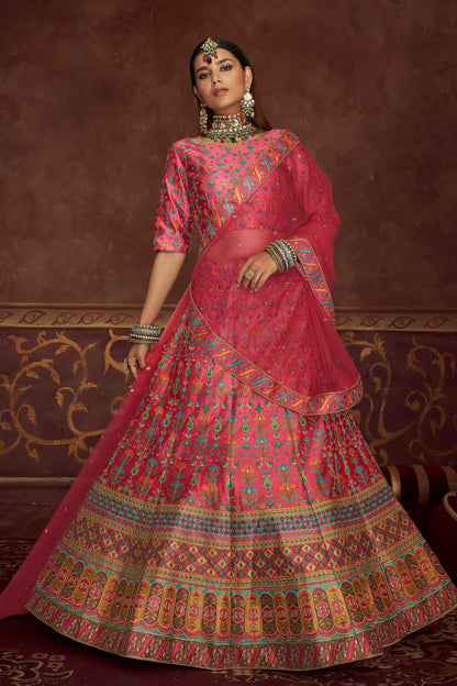 Pink Art Silk Lehenga Choli For Indian Weddings & Festivals - Thread Work, Print Work, Diamond Work