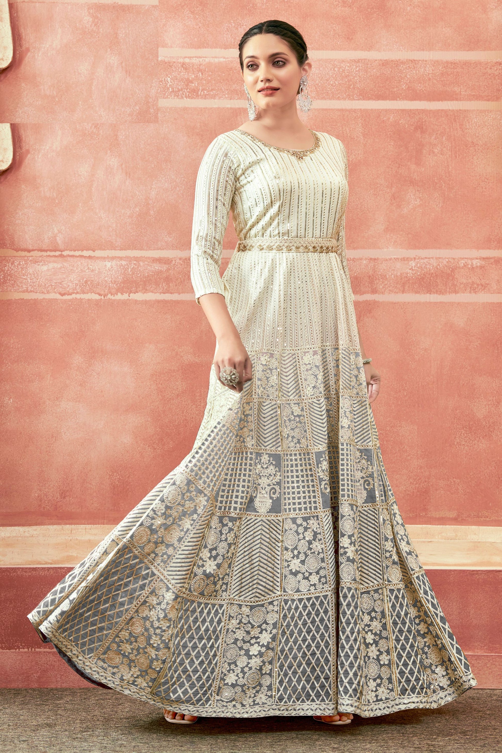 Gray Georgette Full Floor Dual Tone Length Anarkali Gown For Indian Festivals & Weddings - Thread Embroidery Work, Print Work