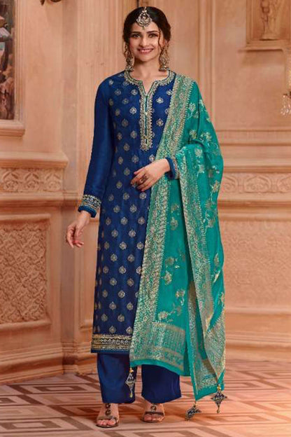 Navy Blue Jacquard Silk Kameez With Pant For Indian Suit Festivals & Pakistani Weddings Dress - Embroidery Work