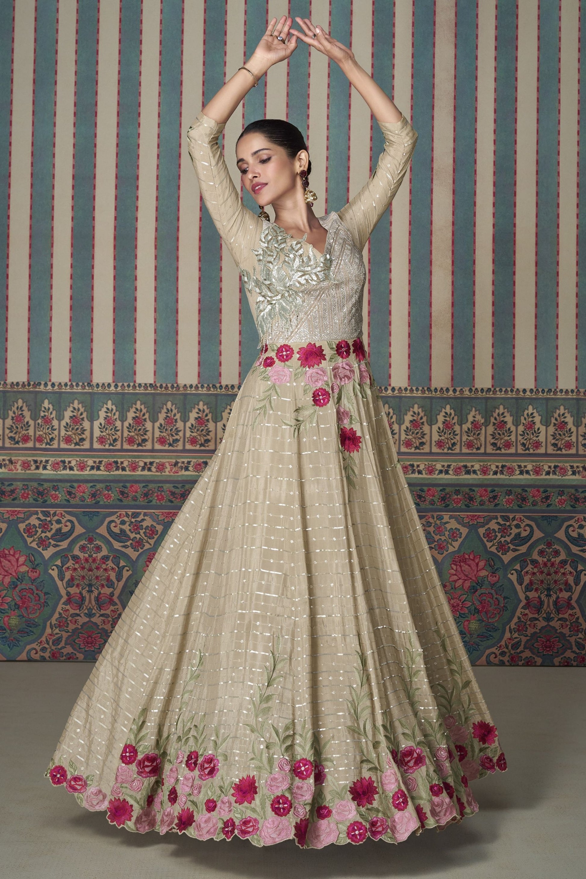 Beige Chinon Silk Full Length Partywear Gown For Festivals & Weddings - Embroidery Work